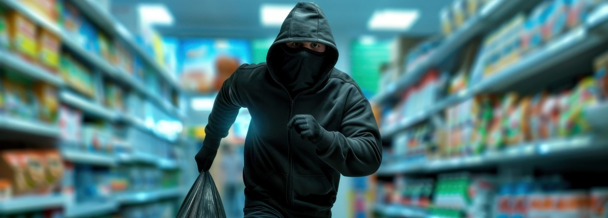Een overvaller rent weg met een zak vol spullen uit een supermarkt