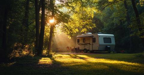 Een caravan op een standplek in het bos waar de zon door de bomen schijnt