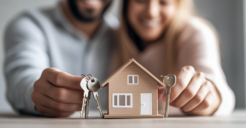 Een blij stel houdt de sleutels van hun woning vast met op de voorgrond een afbeelding van een huis