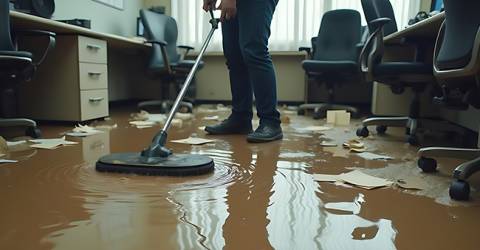 Kantoor ondergestroomd met water wat een medewerker weg probeert te halen