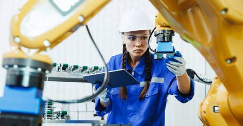 studente inspecteert robotarmmachines in een fabriekswerkplaats